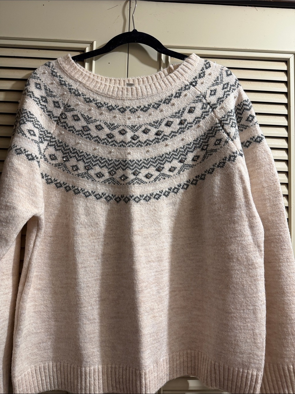 Cato Fair Isle Scoopneck Sweater in Cream and Gray